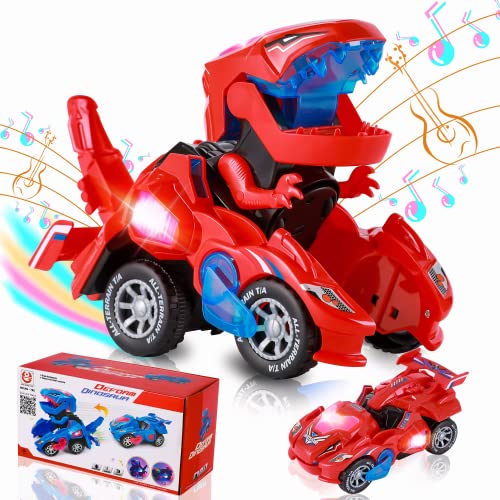 Transforming Dinosaur Car Toys, 2 in 1 Automatic Dinosaur Transform Car with LED Light and Music, Dinosaur Transformer Toys for Kids 3-5